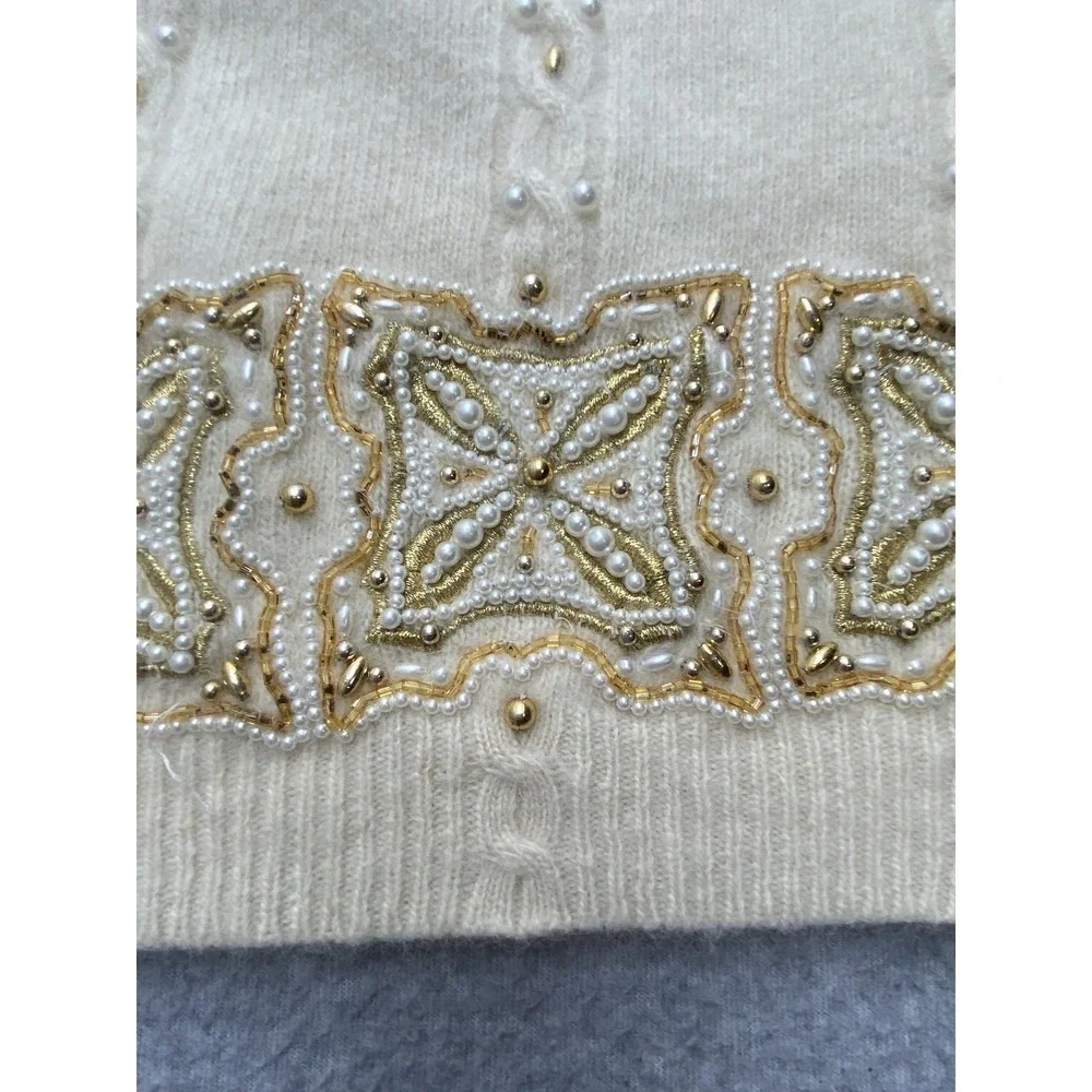 Vintage Marisa Christina Sweater Tunic Womens L White Beaded Pearl 80s